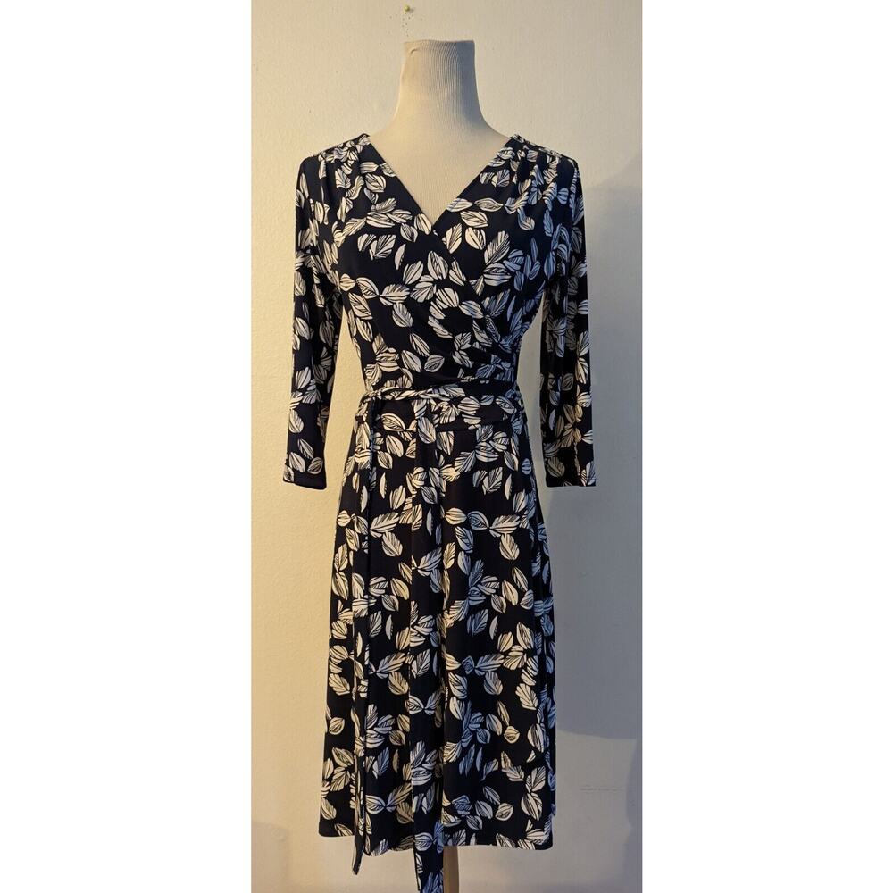 41 Hawthorn sz S Faux Wrap Dress slinky jersey blue & white ties K2
